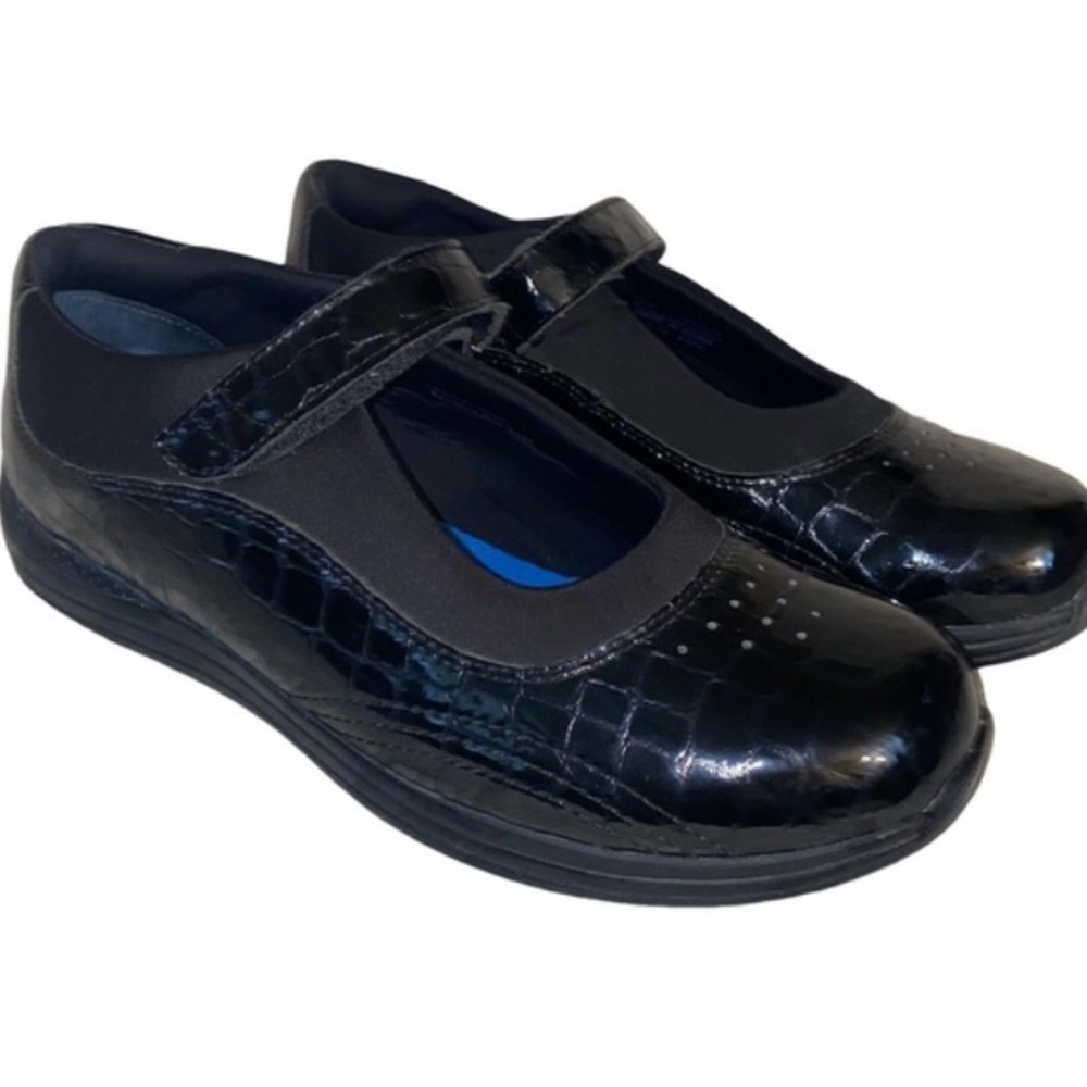 Drew Rose black slip on patent leather crocodile. Therapeutic comfort with style